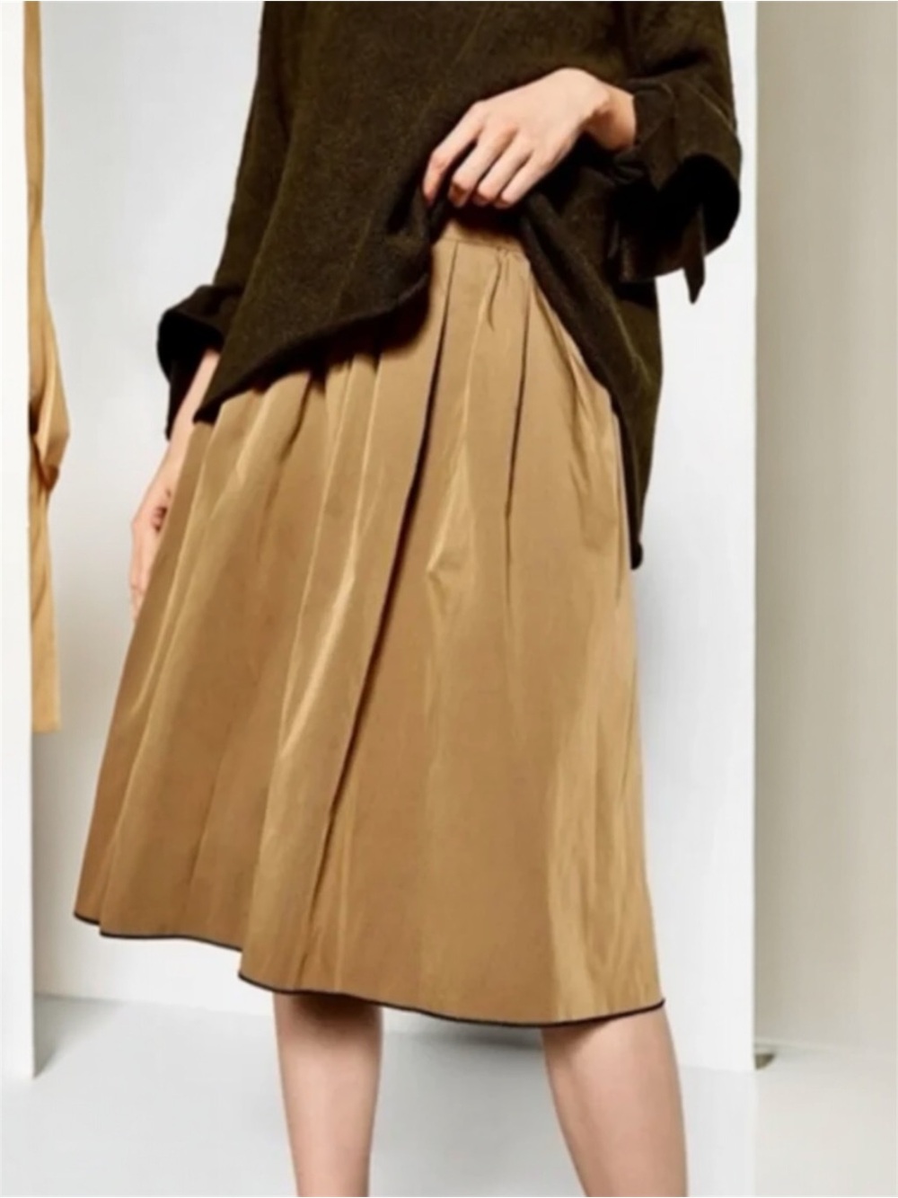 ZARA Reversible Pleated Midi Skirt Size S Tan Navy Double Sided A-Line
